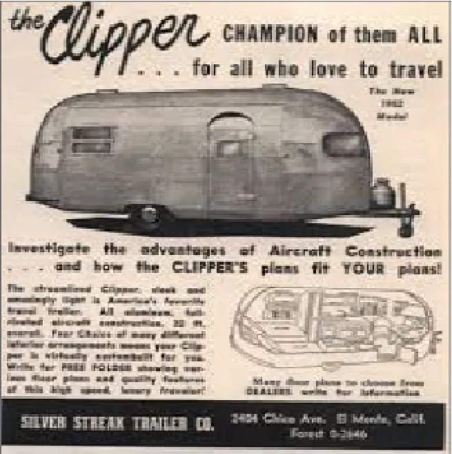 1936年に発表されたエアストリーム初期モデル「クリッパー」の広告と流線型アルミボディのトレーラー