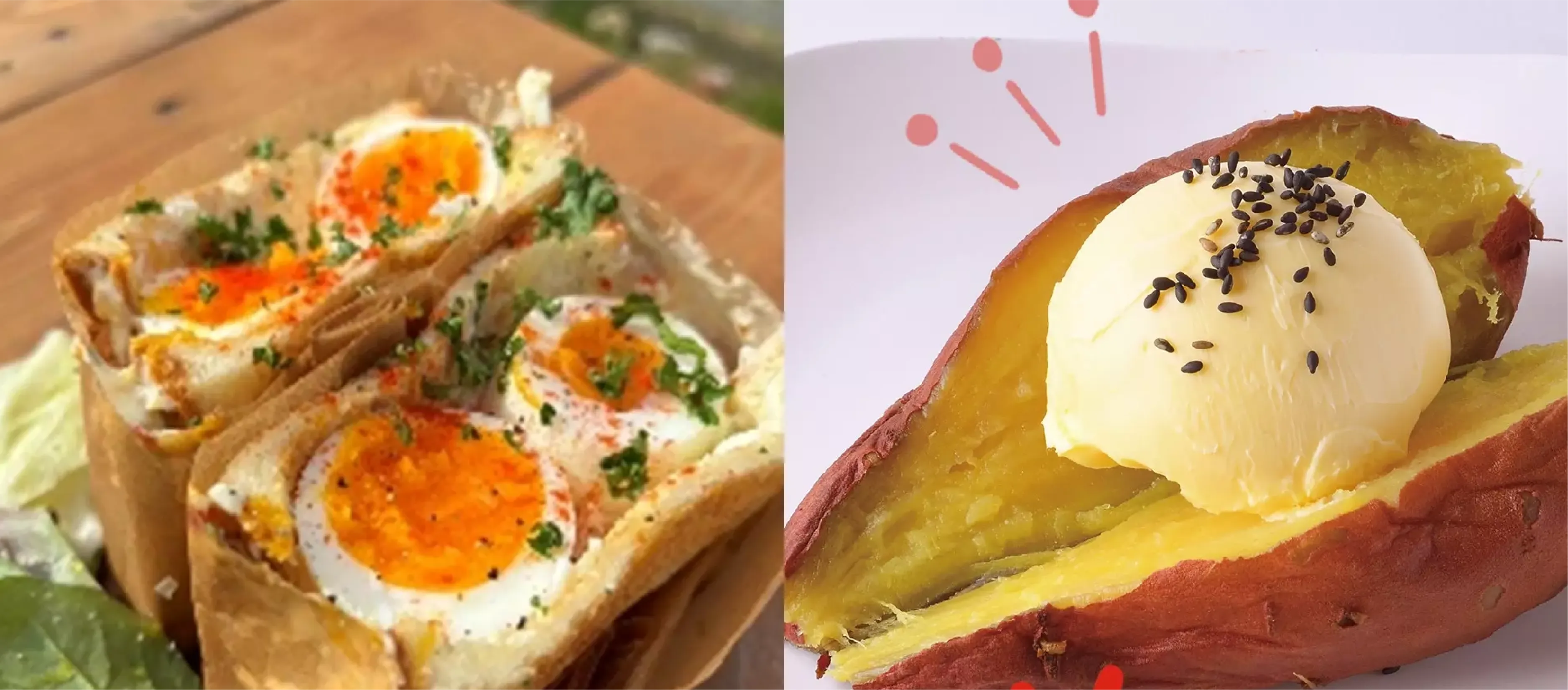 半熟ゆで卵のサンドイッチと、焼き芋にバニラアイスをのせたスイーツ